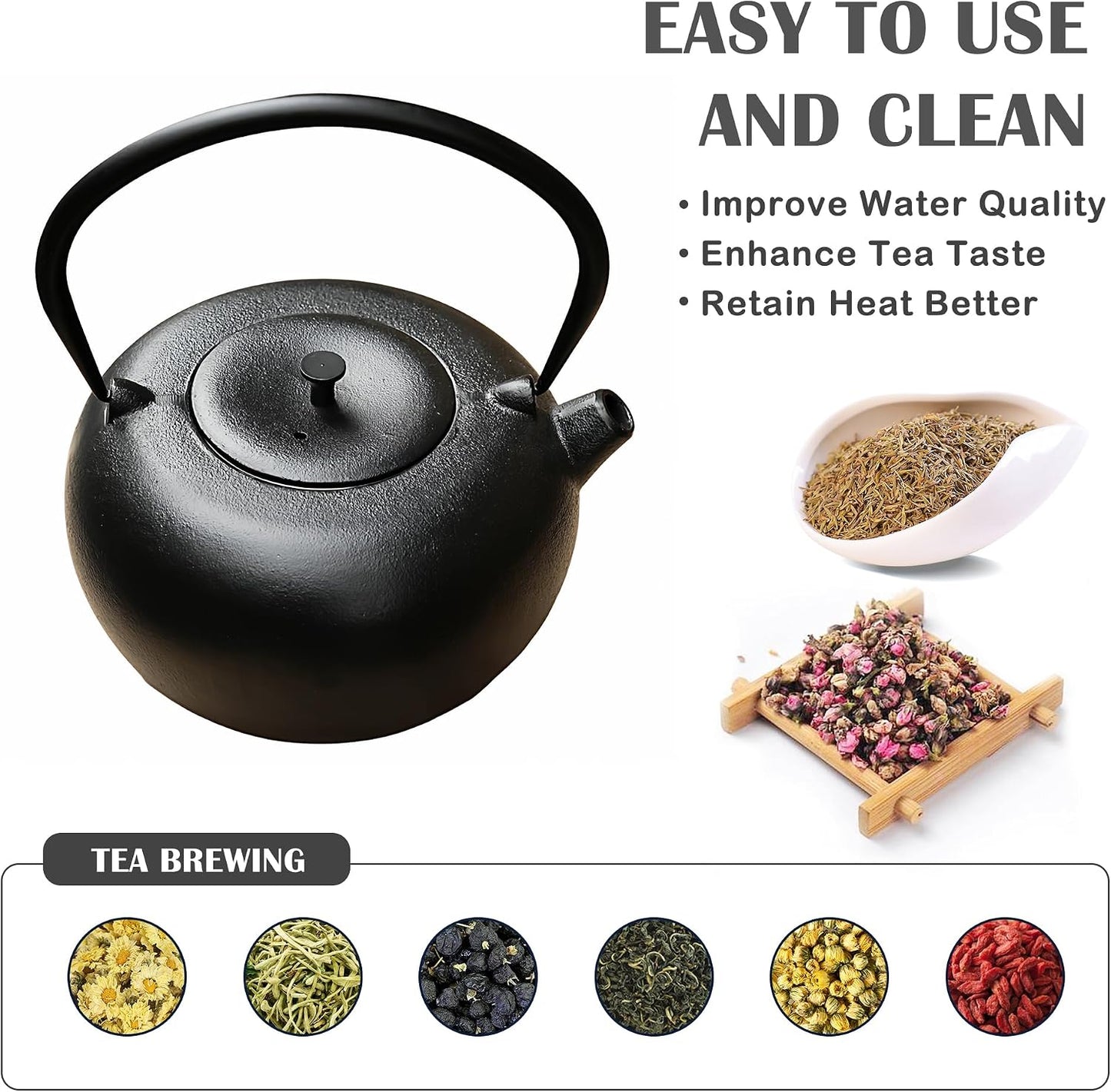 67.6oz Large Cast Iron Teapot and Cups Set, Black Enameled Tea Kettle for Stovetop, Heavy and Durable Tea Pot with Stainless Steel for Loose Tea, Chinese Tea Set for Gift, 2000ML