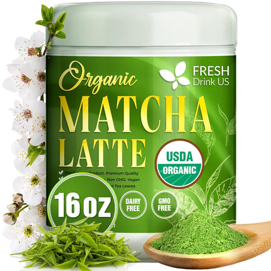 FreshDrinkUS, Matcha Latte Powder 16 oz – Premium Japanese-Style Blend for Smooth, Creamy Matcha Drinks – Perfect for Lattes, Baking