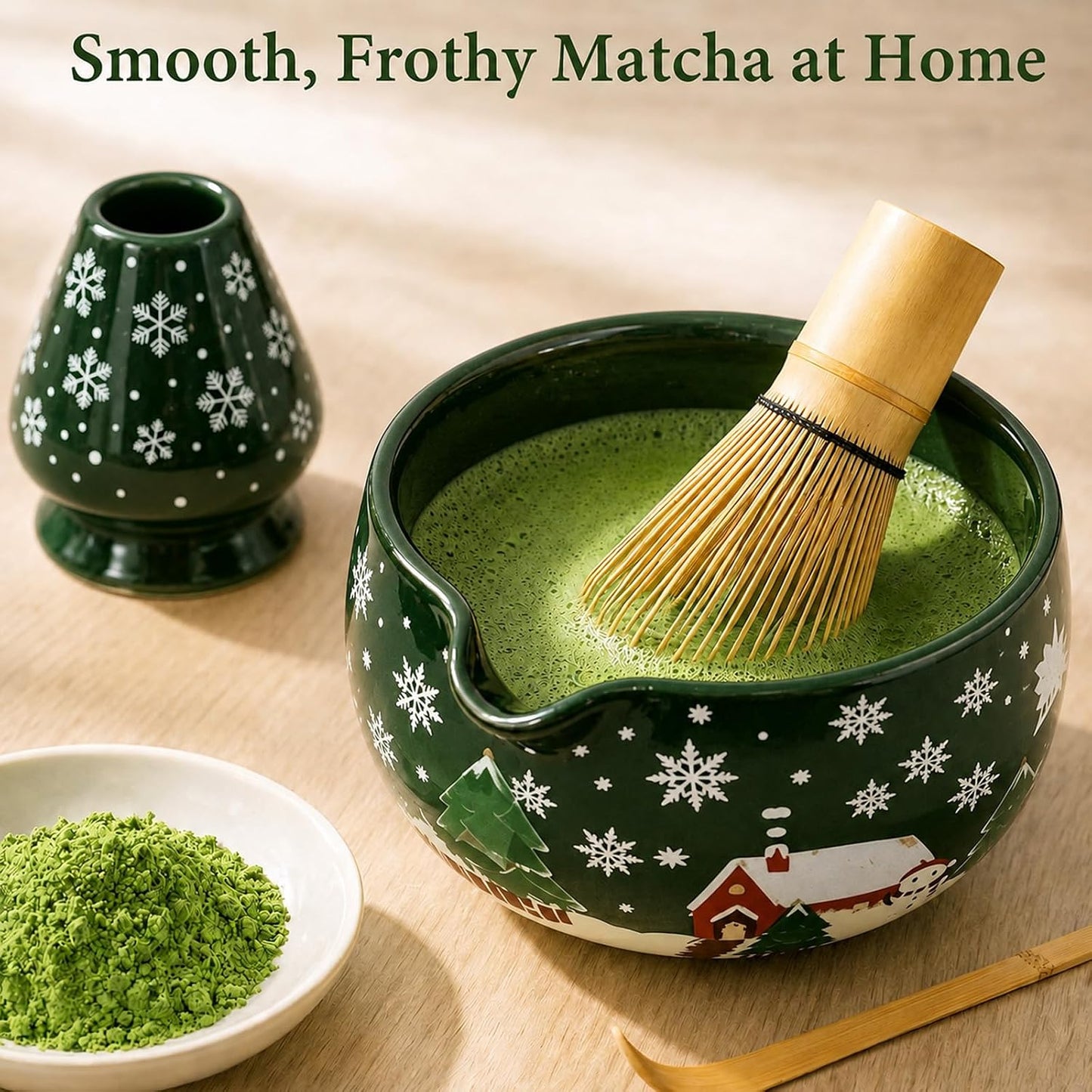 Matcha Whisk Set, Ceramic Matcha Set Includes Bowl &amp; Holder, Bamboo Whisk (Chasen), Scoop, Spoon and Sifter, 6Pcs Matcha Kit Covers Everything Needed for Making Matcha
