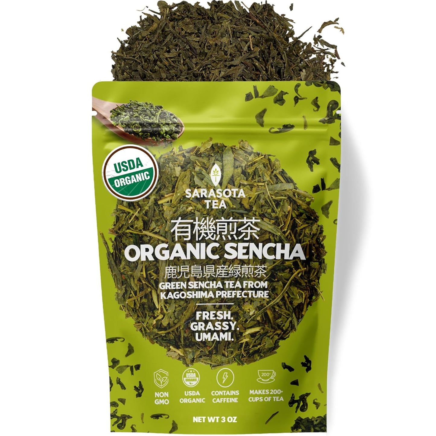 Organic Japanese Sencha Green Tea Loose Leaf | Premium Green Tea from Kagoshima Prefecture | 100% USDA Organic | Fresh & Grassy Flavor | 3oz Bag | High Antioxidants | Non-GMO