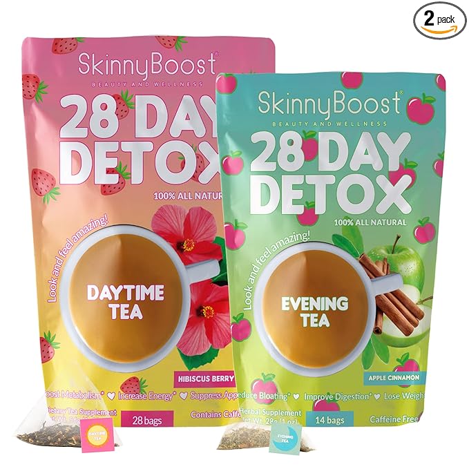 Skinny Boost Detox Tea Kit- 2 PACK –1 Daytime HIBISCUS (28 Bags) + 1 Evening APPLE CINNAMON-(14 Bags) – Herbal Detox for Energy, Bloating & Colon Cleanse – Green Tea, Vegan, Keto, Non-GMO, Sugar-Free