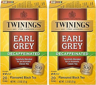 Twinings Decaffeinated Earl Grey Black Tea Individually Wrapped Bags, 20 Count (Pack of 2), Flavoured with Citrus and Bergamot, Enjoy Hot or Iced, 20 Teabags