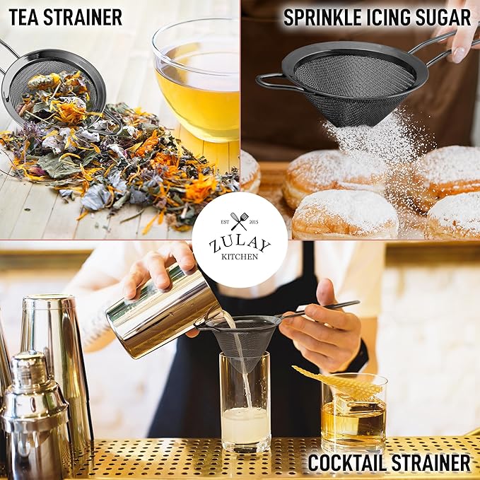 Zulay Kitchen 304 Stainless Steel Fine Mesh Strainer For Kitchen - Sieve Sifters For Food, Tea, Rice, Oil, Noodles, Fruits, Vegetables - Rust-Proof, Easy to Clean Drink Strainer (Black)