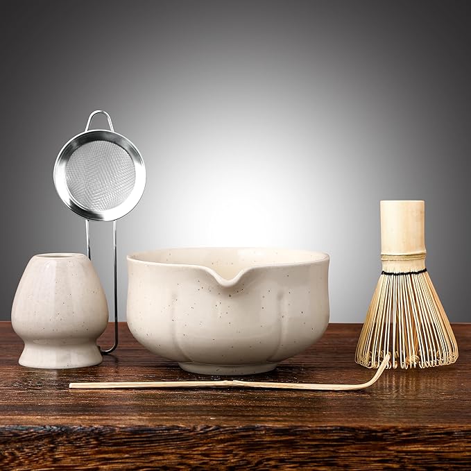 Matcha Whisk Set – 5 Piece Japanese Matcha Tea Set w/Ceramic Matcha Bowl, 100-Prong Bamboo Whisk & Holder, Scoop, & Stainless Sifter – Traditional Matcha Making Kit (Off-White)