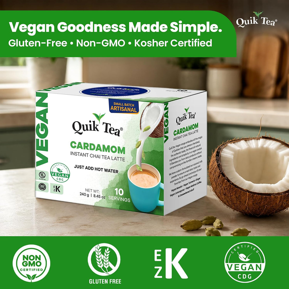 QuikTea Vegan Instant Chai Tea Latte Mix, Cardamom, 10 Sachets