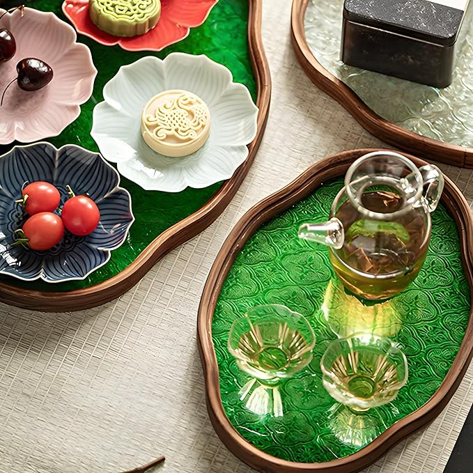 IwaiLoft Glass Serving Tray with The Crabapple Pattern Glass and Walnut for Kitchen Countertop Home Decor for Coffee Table, Also Suitable for Tea Coffee Decorative Trays (Green,11.4" x 7.8" x 1")