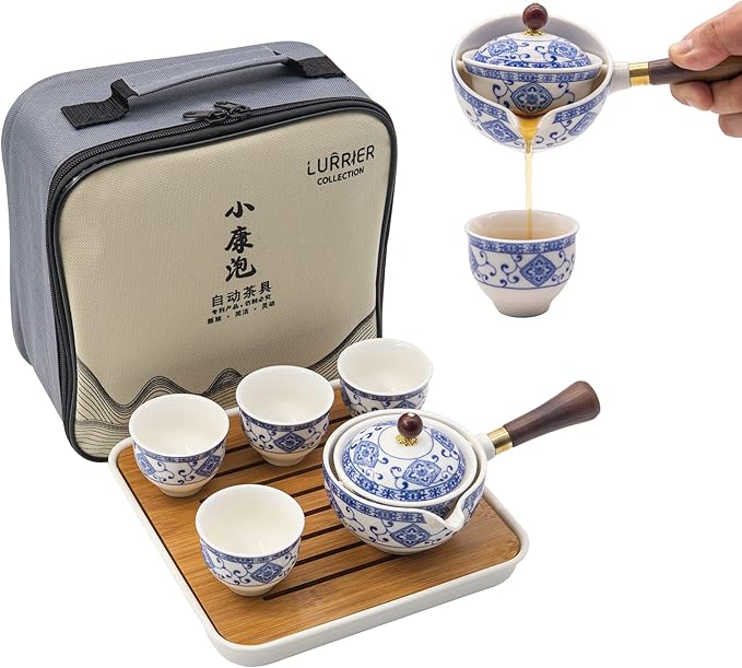 LURRIER Porcelain Chinese Gongfu Tea Set,Portable Teapot Set with 360 Rotation Tea maker and Infuser
