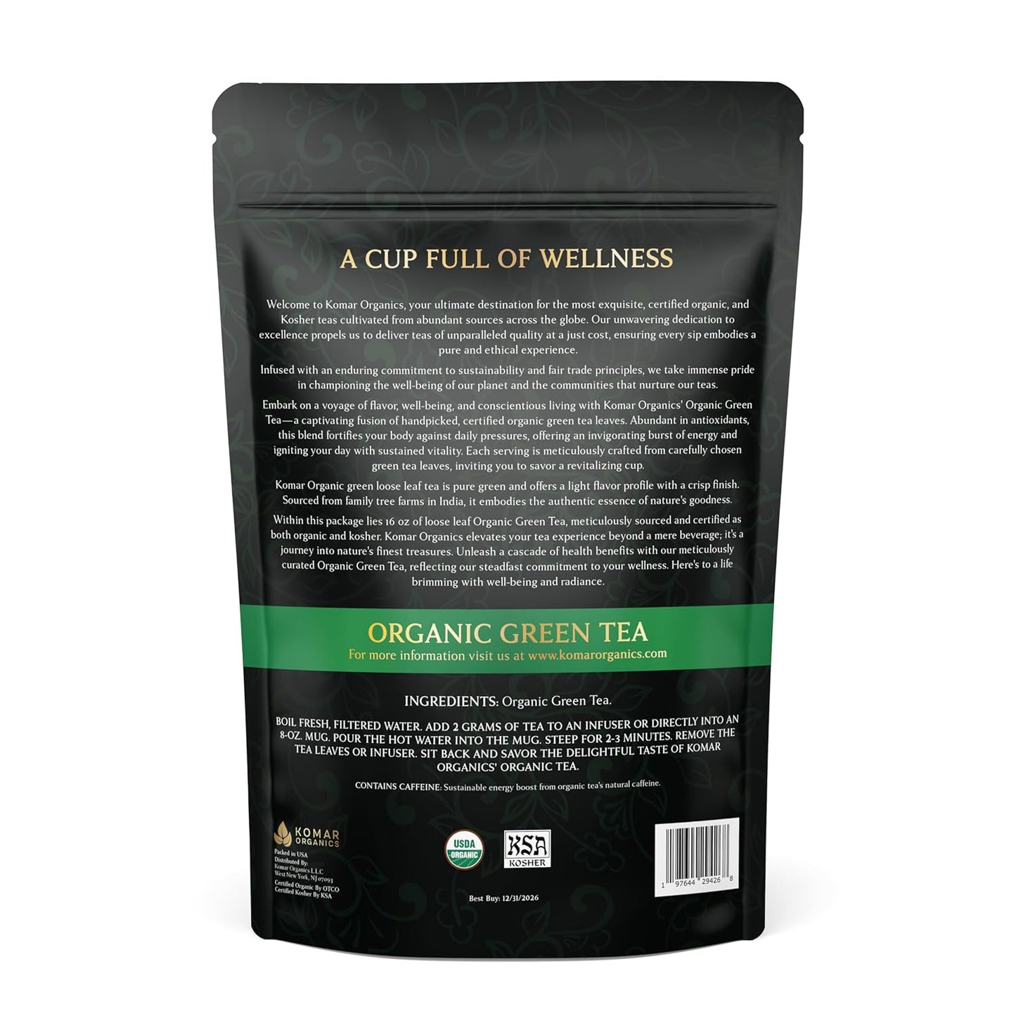 Komar Organics Loose Leaf Green Tea – 16Oz USDA Organic for Energy Boost, Antioxidants – Certified Kosher Delicate Flavor Assam Tea Organic Tea Leaves Ideal for Morning, Afternoon