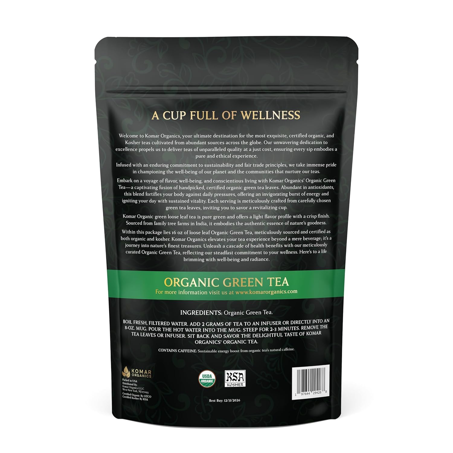 Komar Organics Loose Leaf Green Tea – 16Oz USDA Organic for Energy Boost, Antioxidants – Certified Kosher Delicate Flavor Assam Tea Organic Tea Leaves Ideal for Morning, Afternoon