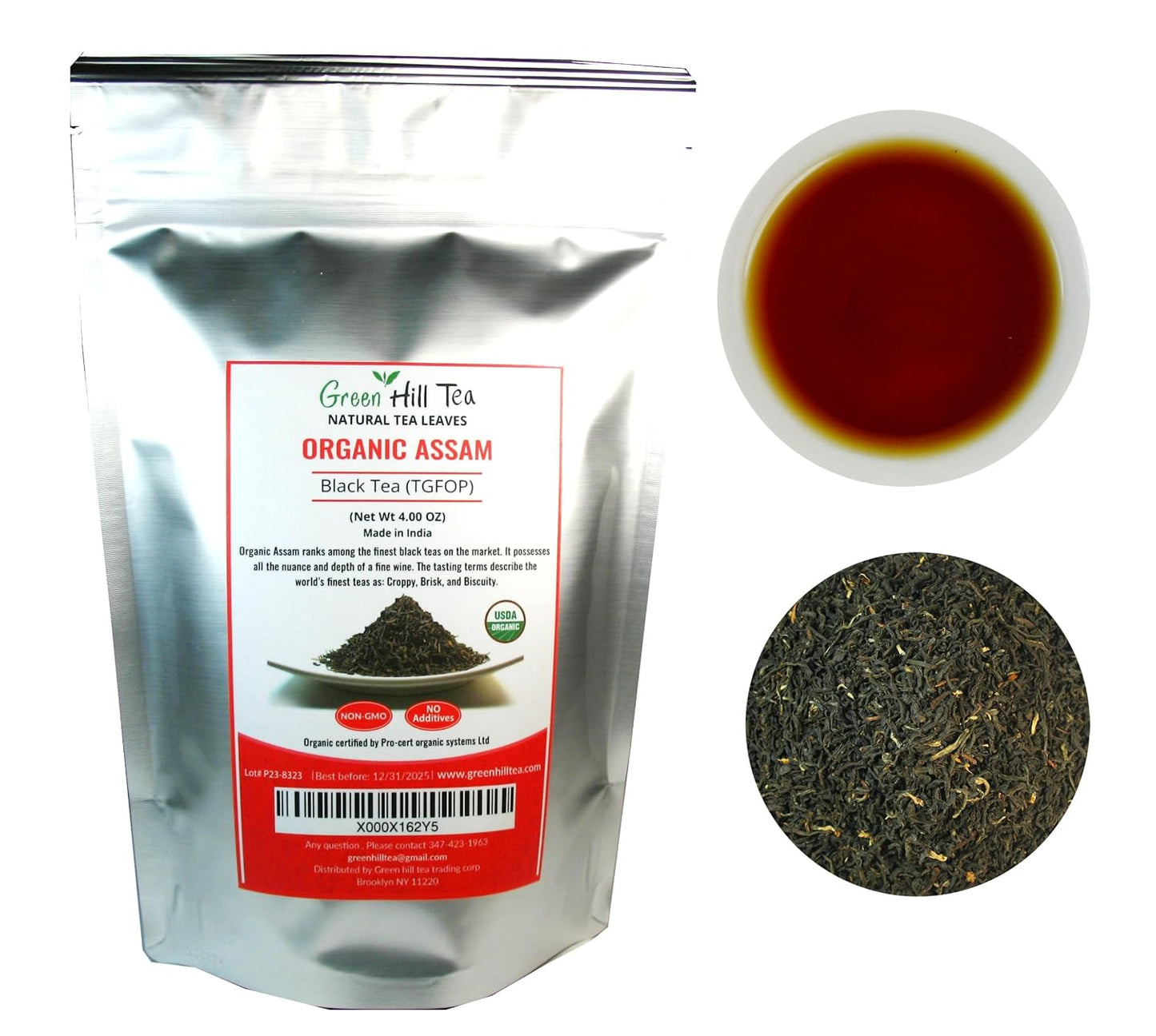 Greenhilltea, Organic Assam (Tgfop) Black teaWith Tippy and Flowery premium loose leaves tea packed in resealable zip lock foil bag 4 OZ