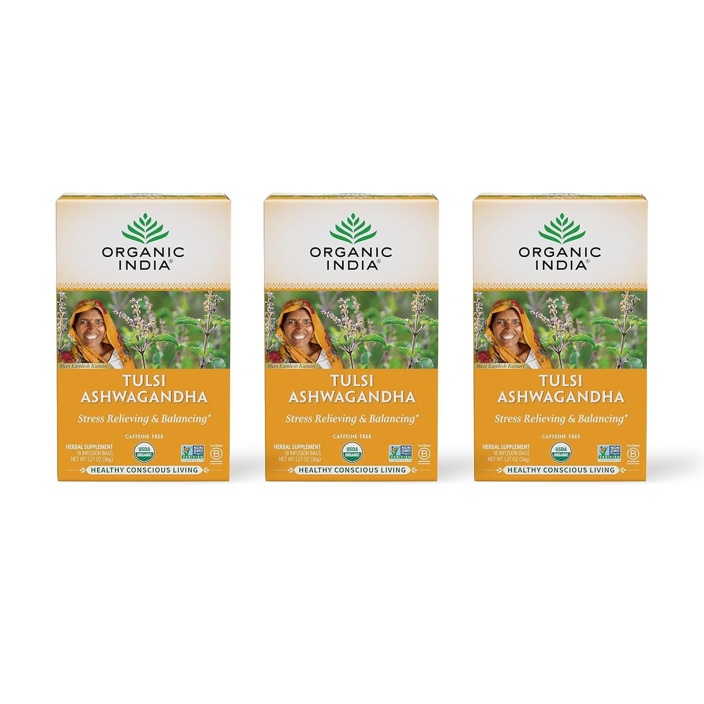 ORGANIC INDIA Calming Tulsi Ashwagandha Herbal Tea - Holy Basil Tea with Ashwagandha Root, Supports Restful Sleep - Adaptogen, Vegan, USDA Certified Organic, Non-GMO - 18 Infusion Bags, 3 Pack | Holy Basil Tea with Ashwagandha Root, Supports Restful Sleep