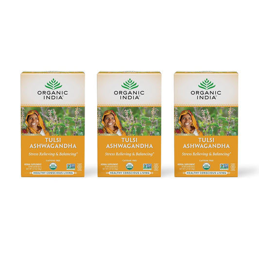 ORGANIC INDIA Calming Tulsi Ashwagandha Herbal Tea - Holy Basil Tea with Ashwagandha Root, Supports Restful Sleep - Adaptogen, Vegan, USDA Certified Organic, Non-GMO - 18 Infusion Bags, 3 Pack | Holy Basil Tea with Ashwagandha Root, Supports Restful Sleep