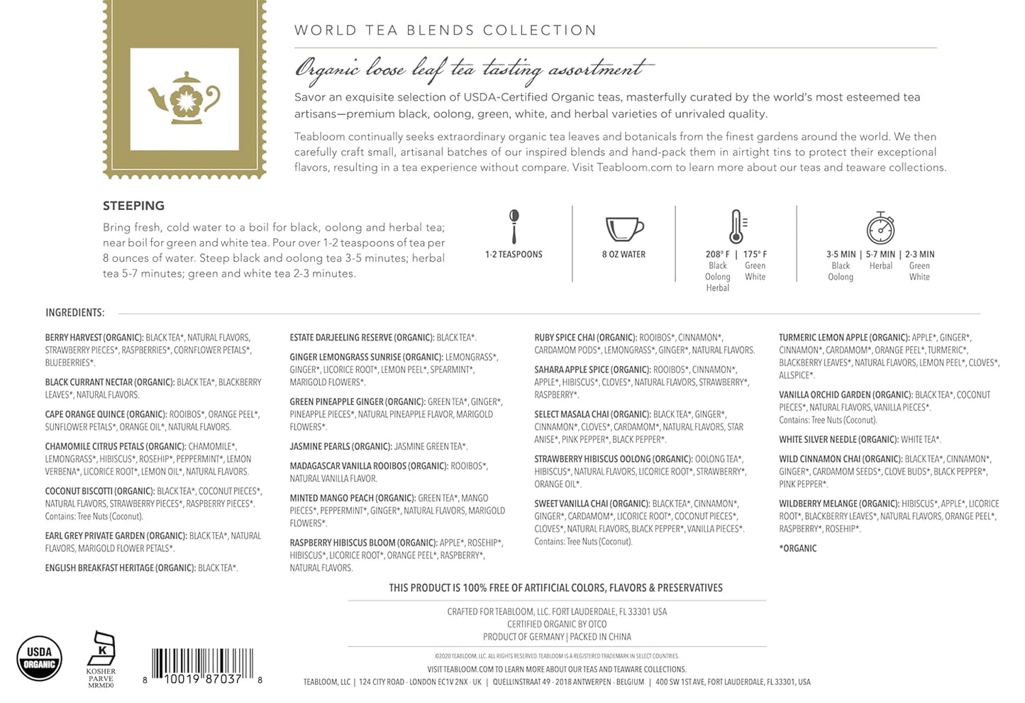 Teabloom Exceptional Organic & Kosher Certified Loose Leaf Tea Chest, World's Largest Tea Collection with 24 Varieties of Black, Green, White, Oolong, and Herbal Teas