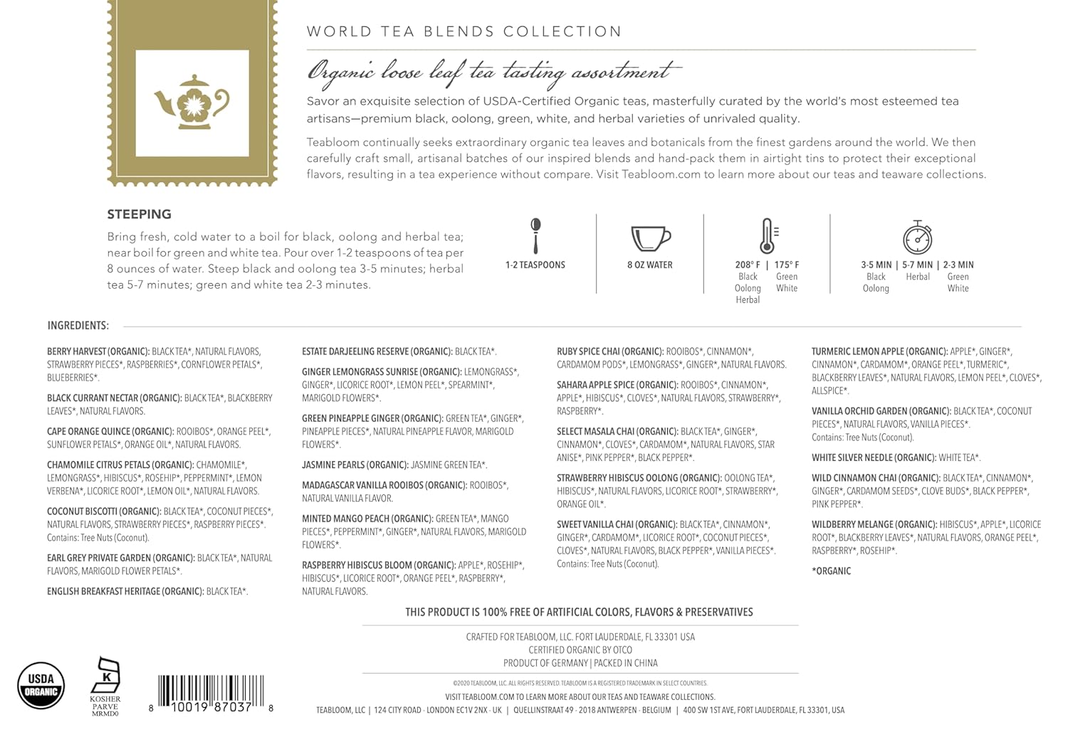 Teabloom Exceptional Organic & Kosher Certified Loose Leaf Tea Chest, World's Largest Tea Collection with 24 Varieties of Black, Green, White, Oolong, and Herbal Teas