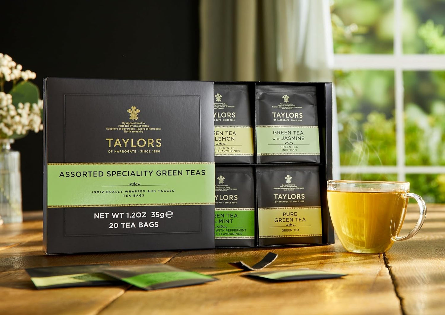Taylors of Harrogate Assorted Specialty Green Teas Sampler, Variety Gift Box, Individually Wrapped Bags, 20 Count (Pack of 1), Jasmine, Mint, Lemon, and Pure, Caffeinated, Enjoy Hot or Iced, 20 Teabags