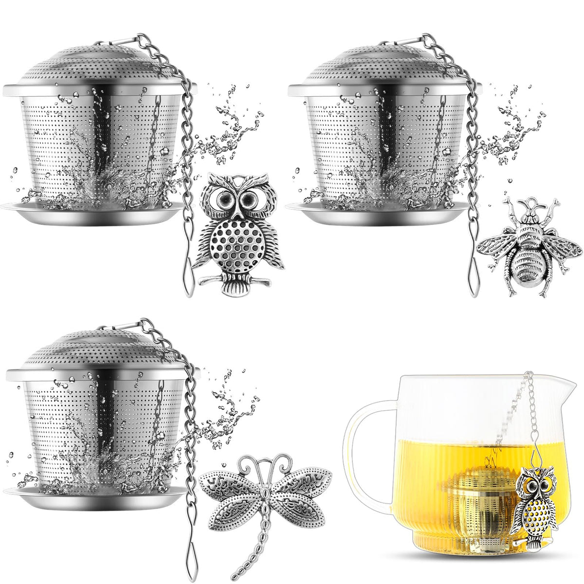 Prudiut 3Set Tea Infusers Tea Strainers for Loose Tea with Drip Trays and Pendant