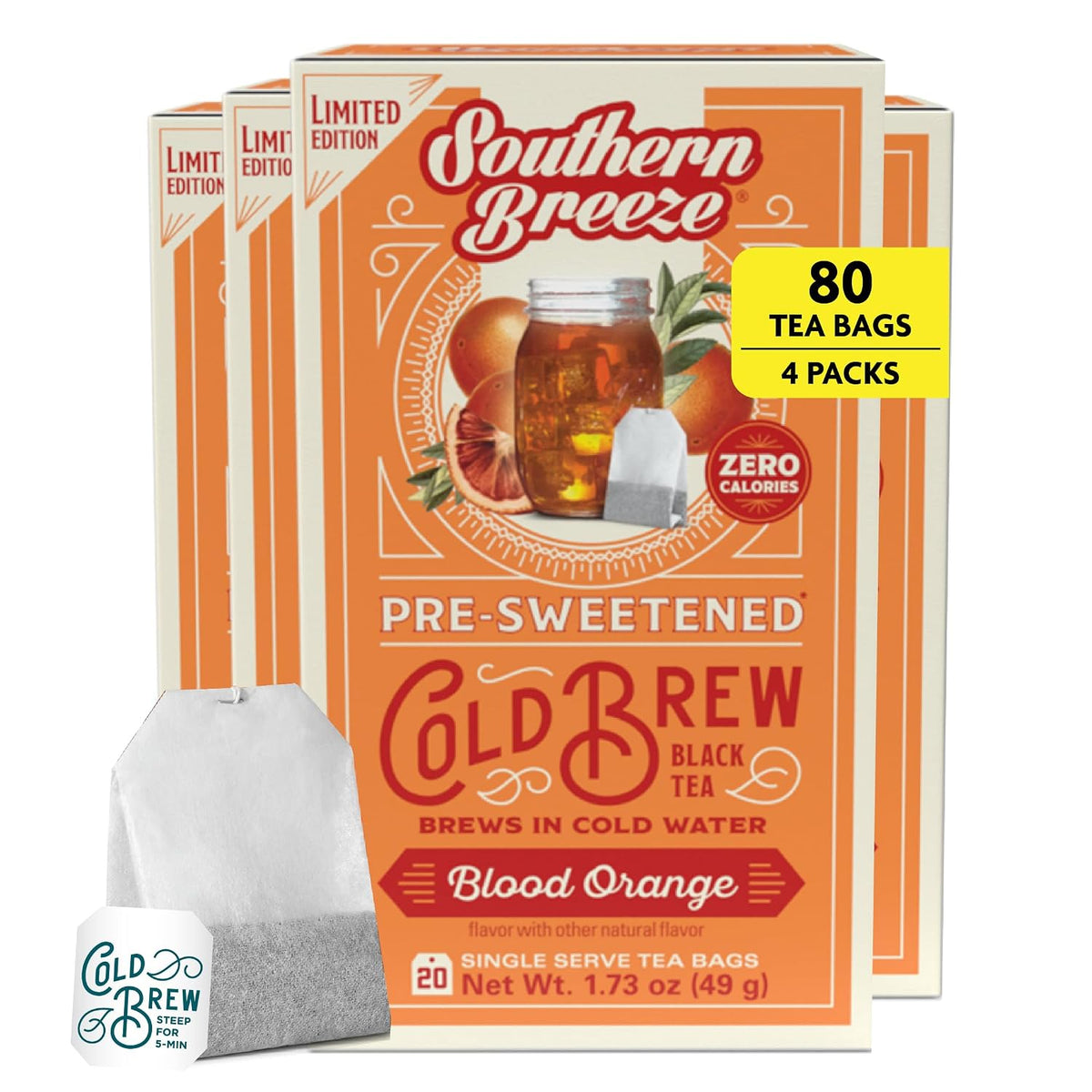 Southern Breeze Cold Brew Sweet Tea Blood Orange Iced Tea 20 Count, 4 Pack
