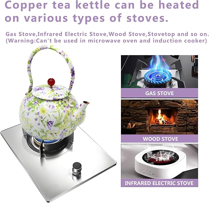 True Pure Copper Tea Kettle For Stovetop Safe, 47.3oz Non-Coating Copper Teapot with Tea Ball For Loose Leaf, Elegant Flower Pattern Kettle