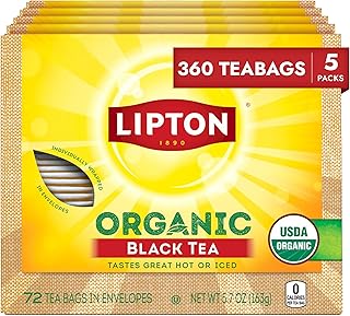 Lipton Organic Black Tea Bags, Hot or Iced Caffeine Tea, 360 Total Bags (72ct - Pack of 5)