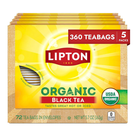 Lipton Organic Black Tea Bags, 360 Count (72ct 5-Pack) | 360-Ct. Individually Wrapped Lipton Organic Black Tea Bags with Caffeine. Rainforest Alliance Certified served Hot or Iced