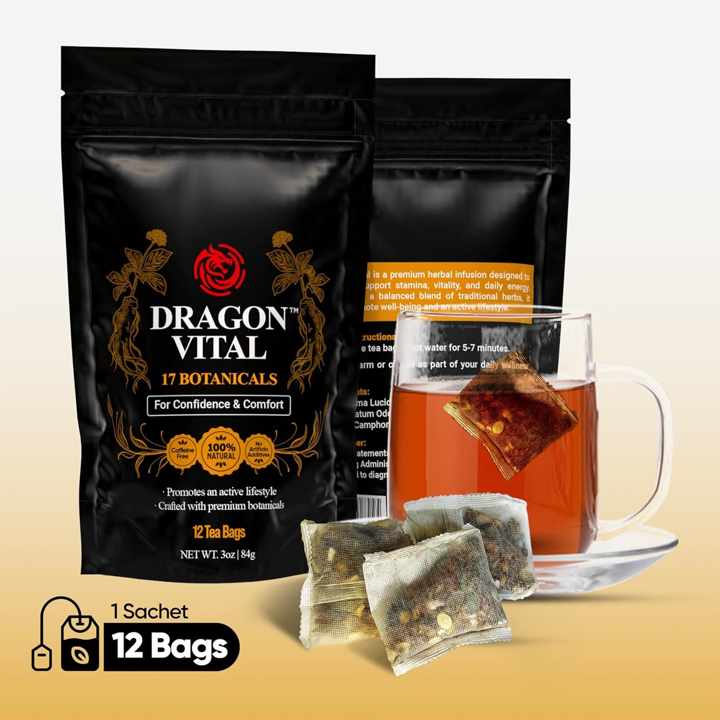 Dragon Vital Herbal Tea with Ginseng & Maca – Natural Energy Support | Caffeine-Free Botanical Blend for Vitality & Active Living | All natural - NON-GMO & No Preservatives |12 Tea Bags | by Robutop