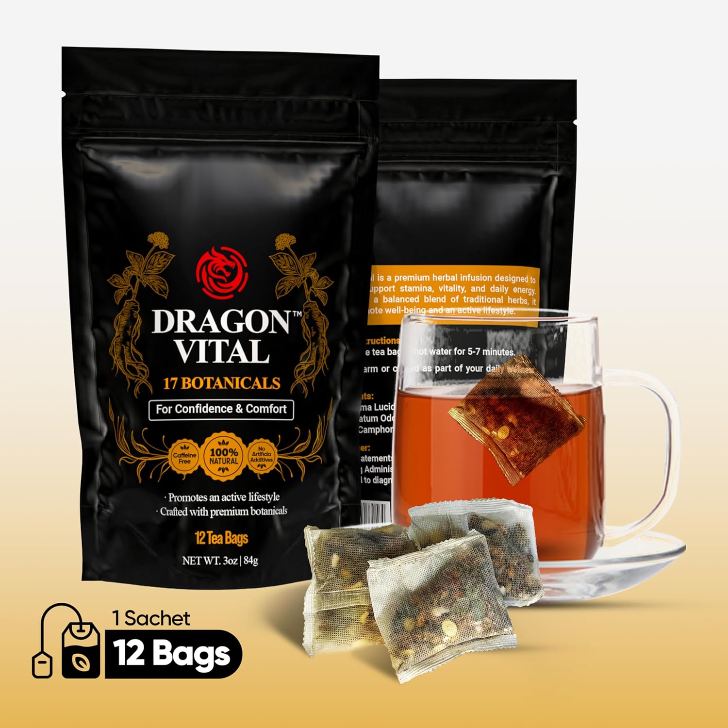 Dragon Vital Herbal Tea with Ginseng & Maca – Natural Energy Support | Caffeine-Free Botanical Blend for Vitality & Active Living | All natural - NON-GMO & No Preservatives |12 Tea Bags | by Robutop