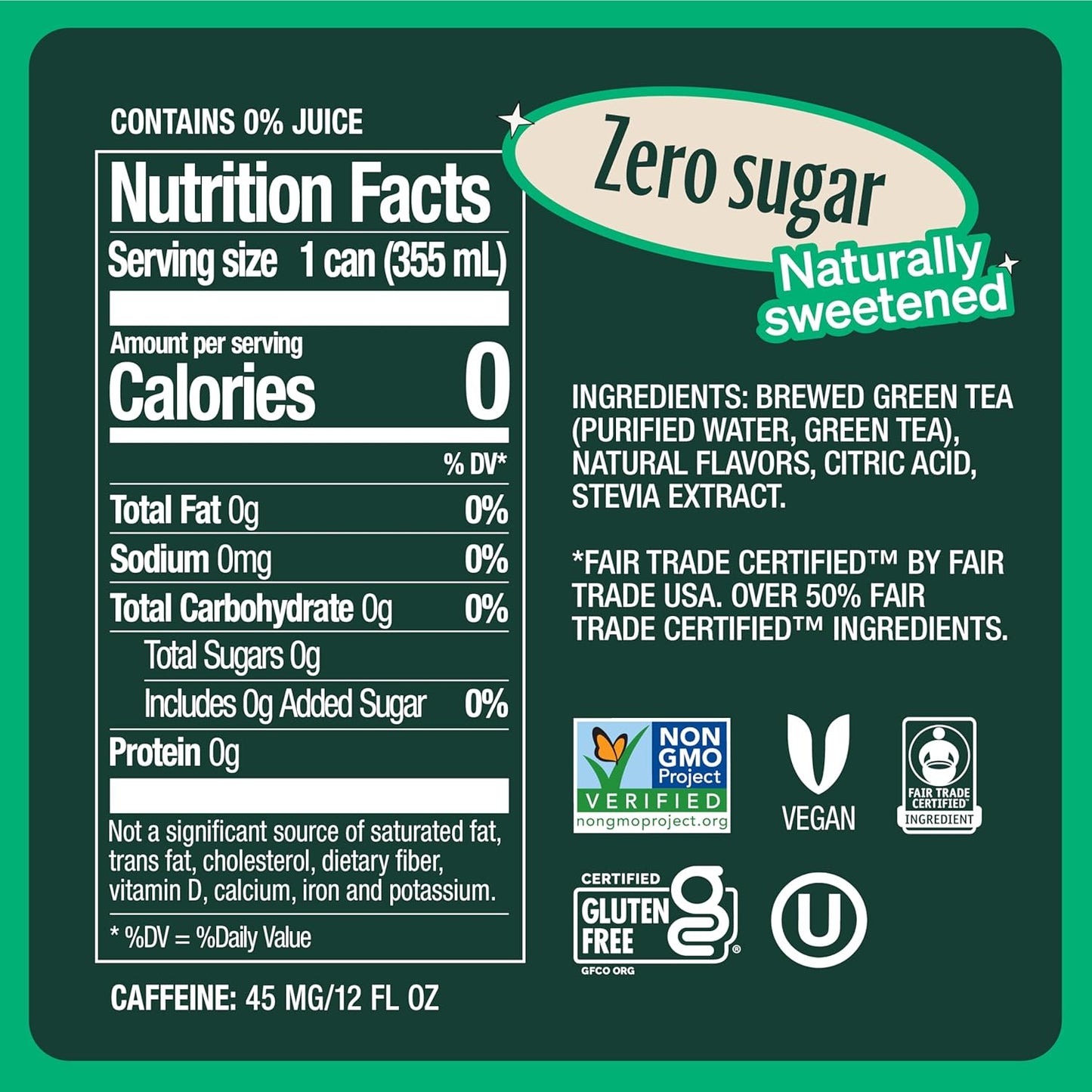 Zevia Zero Sugar Tea, Green Tea, 12 oz Cans (12-Pack) – Naturally Sweetened, Zero Calorie Sugar Free - Non-GMO Project Verified, Gluten-Free, Vegan