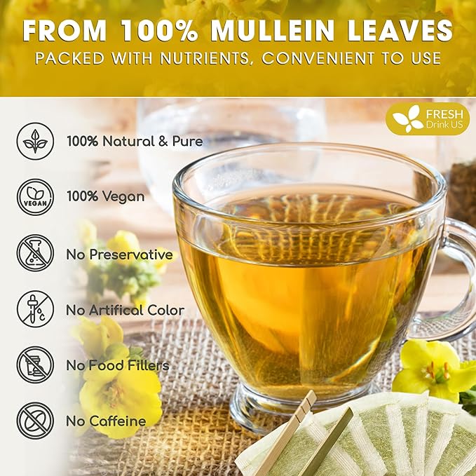 FreshDrinkUS, Premium 80 Mullein Leaf Tea Bags – 100% Natural, Pure, & Caffeine-Free Herbal Tea for Lung – Loose Leaf, No Sugar, Vegan, Gluten-Free