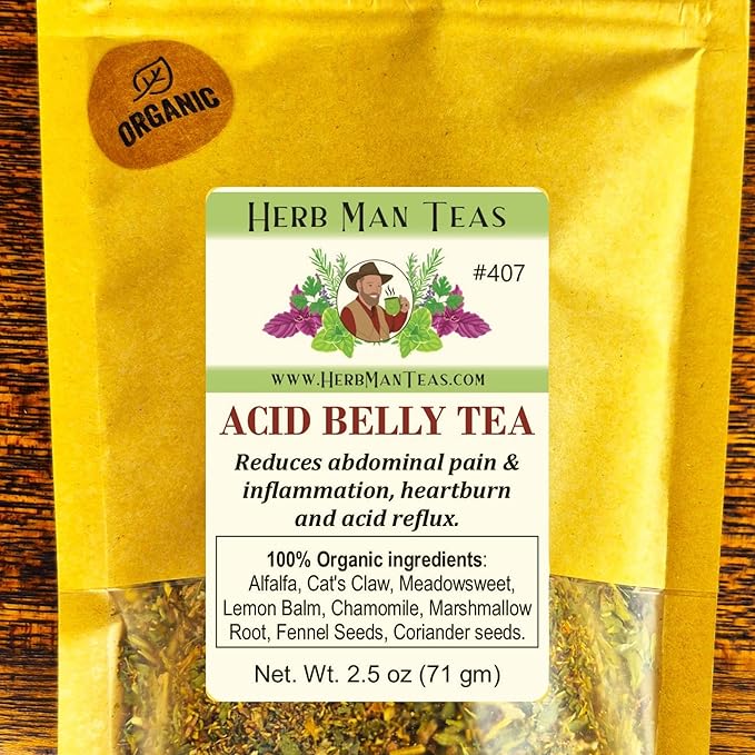 ACID BELLY TEA – Organic Herbal Blend for Digestive Comfort – Helps Ease Occasional Heartburn, Acidity, and Stomach Pain – Formulated by Master Herbalist Khabir – Non-GMO, No Additives