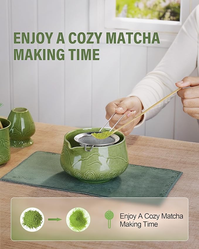 ZENS Matcha Whisk Set, 7pcs Matcha Set Includes Emerald Green Bowl and Matcha Cup, Bamboo Whisk & Scoop, Chasen Holder, 304 Sifter, Tea Mat, Matcha Kit for Latte Making