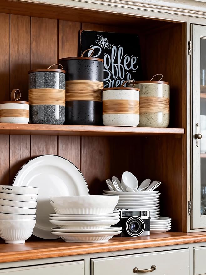 Large Storage Containers with Lids, Ceramic Coffee Container Kitchen Food Storage Jars for Spice Sugar Tea Bag, Stackable Decorative Jars for Counter, Black & 61 fl.oz