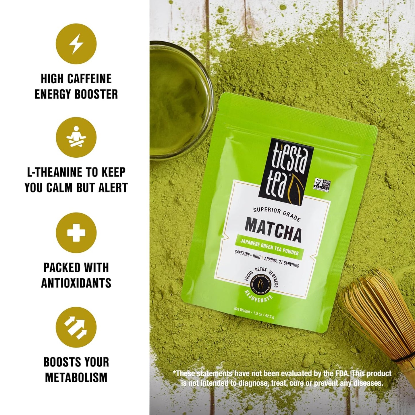 Tiesta Tea - Superior Matcha | Superior Grade Japanese Matcha Powder | High Caffeinated Green Tea | Make Hot or Iced | Up to 21 Cups | 1.5oz Resealable Pouch