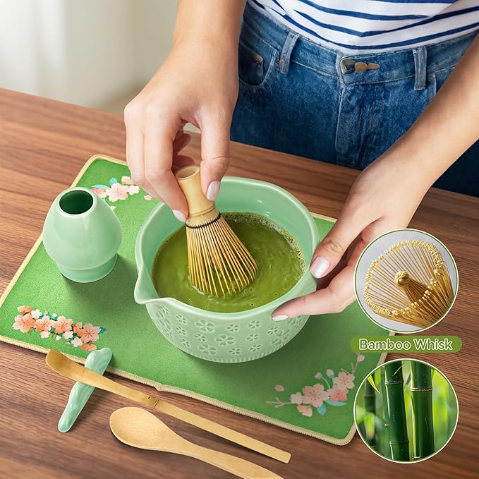 Matcha Whisk Set, 7 Pcs Matcha Making Kit with Matcha Bowl, Matcha Whisk and Holder, Bamboo Scoop, Scoop Rest
