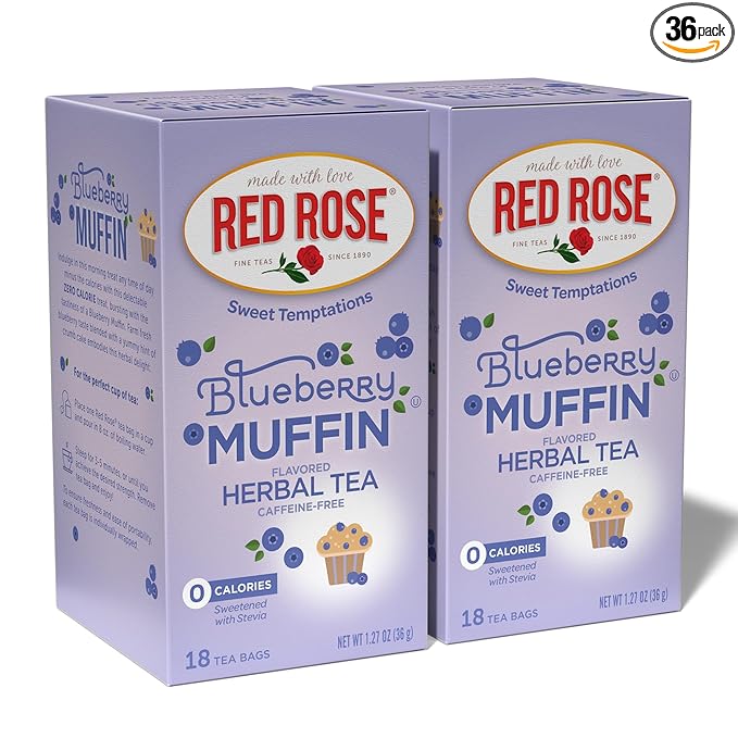 Red Rose Sweet Temptations Dessert Tea Blueberry Muffin, Zero Carbs, Zero Sugar Bursting with Flavor Caffeine-Free Delicious Beverage Herbal Tea, 18 Count Pack of 2 Fruit Naturally Flavored Herbal Tea