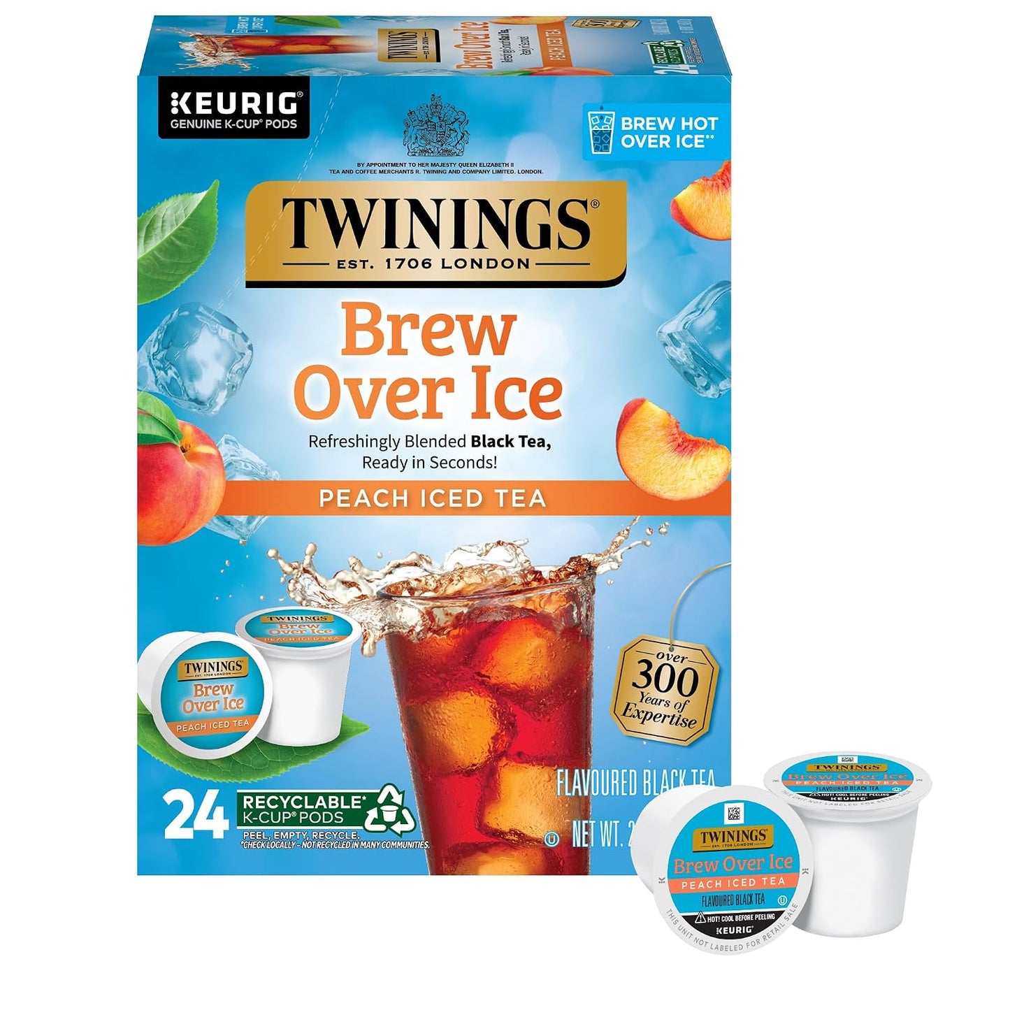 Twinings Brew Over Ice Unsweetened Peach Blk Iced Tea K-Cups 24 CT (1 Pack) | Refreshing Peach Black Tea, Naturally Caffeinated, 24 Keurig K-Cup Pods for Single Serve Brewers, Fresh Iced Tea in Seconds