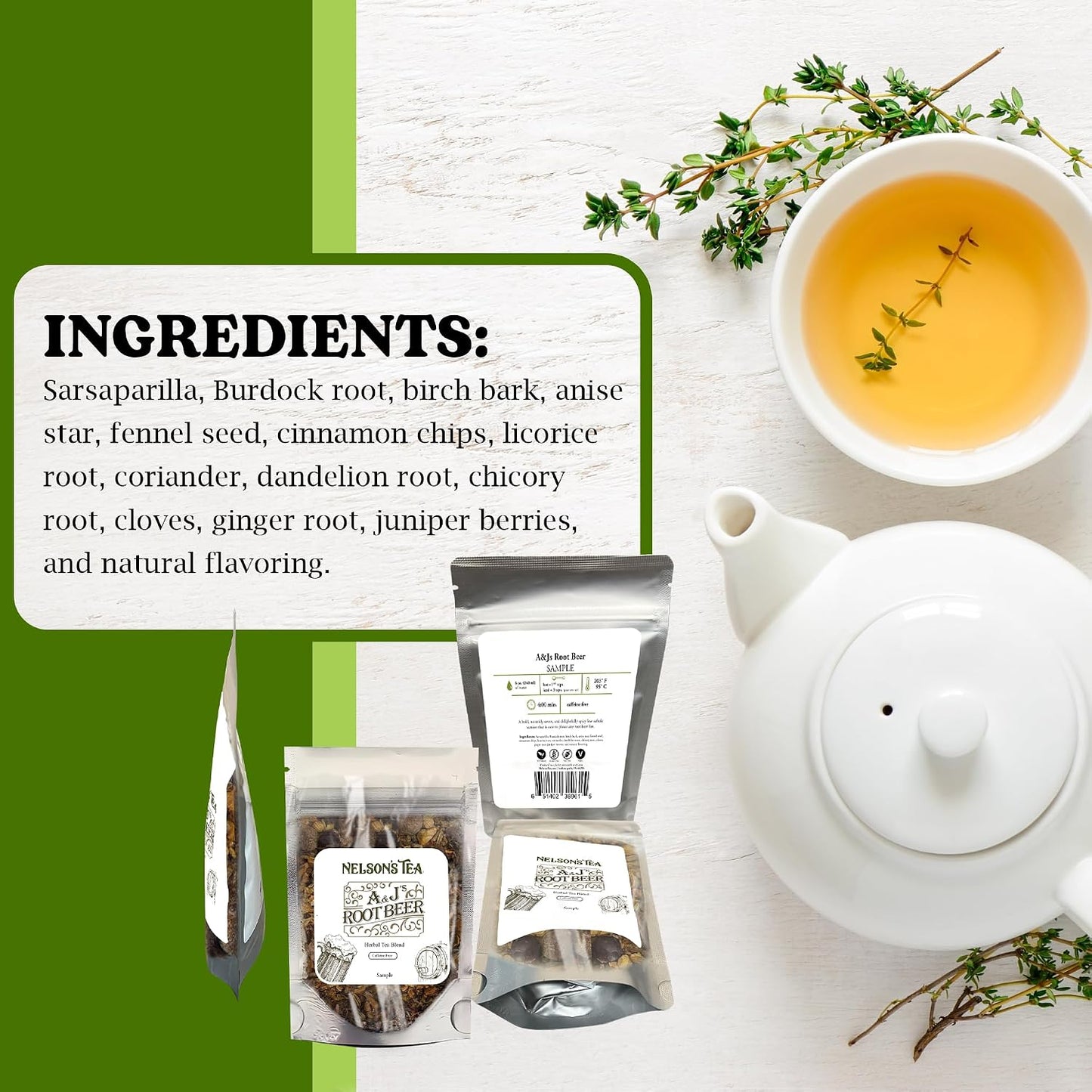 Nelson's Tea A &amp; J's Root Beer Sarsaparilla Loose Leaf Tea, Sample, 0.5 oz | Herbal • Burdock • Birch Bark • Dandelion • Caffeine Free • Tea • Root Beer • Sarsaparilla Root Tea