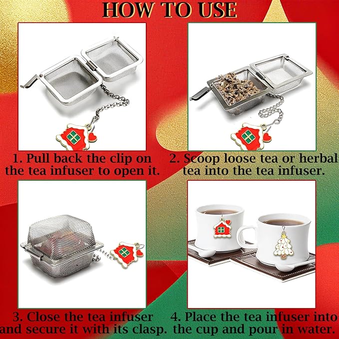 Christmas Themed Tea Infuser Set, 2 PCS Cubic Tea Strainers for Loose Leaf Tea, Reusable Stainless Steel Mesh Tea Ball