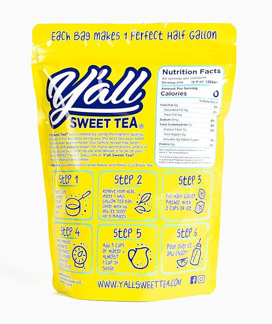 Y'all Sweet Tea - Decaf Iced Tea Bags Half Gallon Size in 7.5 Gallons Per Pack Quick Brew Authentic Southern Ice Tea Without Caffeine | As Seen on Shark Tank (Decaf)