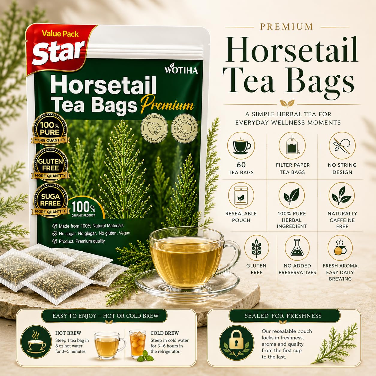 WOTIHA 60 Count Premium Horsetail Tea Bags - 100% Natural Pure Herb, Supports Hair &amp; Nail Health, Caffeine/Additive/Sugar-Free, Non-GMO, Cola De Caballo Hierba