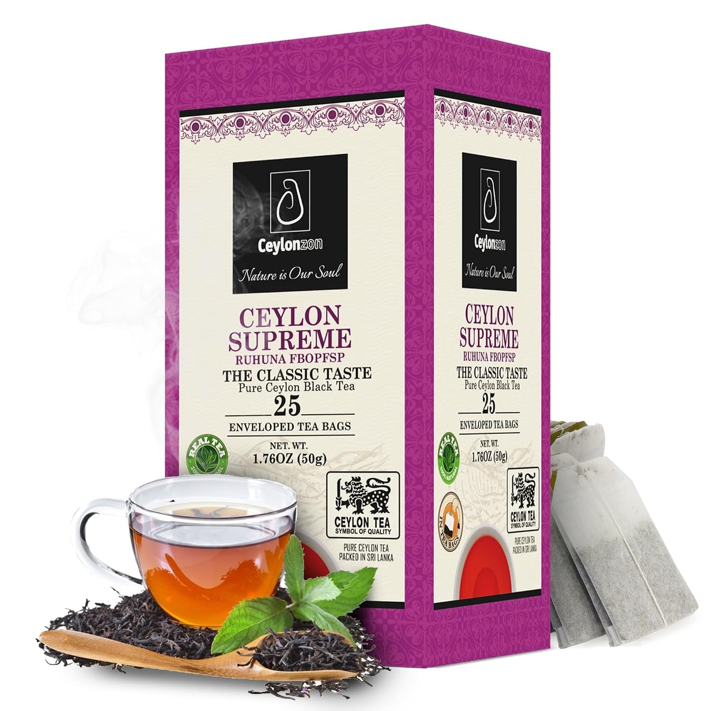 Ceylonzon Ceylon Supreme Flowery Broken Orange Pekoe Fannings Special Tea Classic Taste 25 Individually Foil-Wrapped Tea Bags 40g