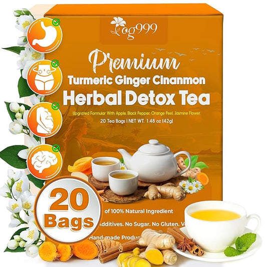 TOG999, 20 Tea Bags of Ginger, Turmeric and Cinnamon, Upgraded Version, 100% Natural, Hand-made Blend of Ginger, Turmeric, Cinnamon, Orange Peel, Black Pepper, Stevia Leaves, Jasmine. No Sugar, Vegan.