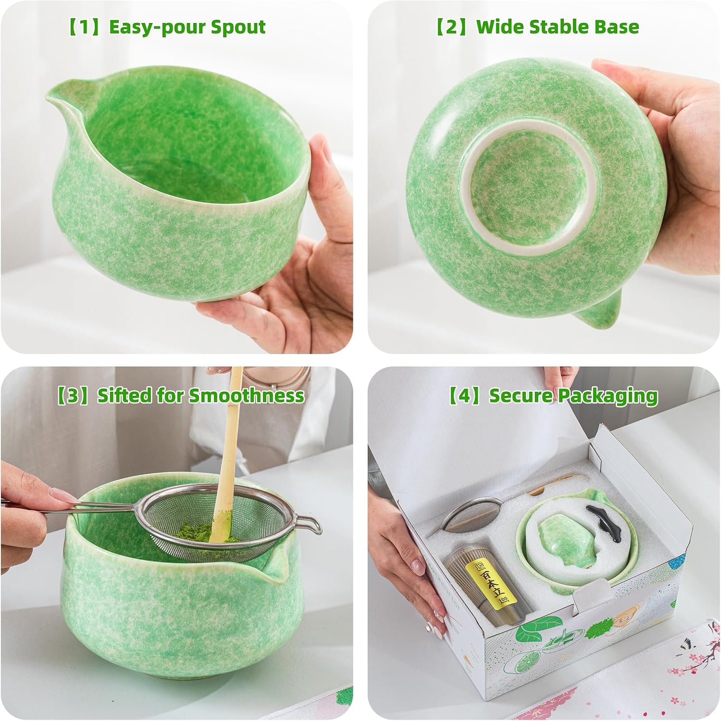 TEANAGOO Matcha Whisk Set,7 Pcs Matcha Set Green,Ceremony Matcha Kit,Matcha Tea Set for Making Latte,Ceramic Bowl(chawan) whith Spout and Whisk,Gift for Matcha Lovers