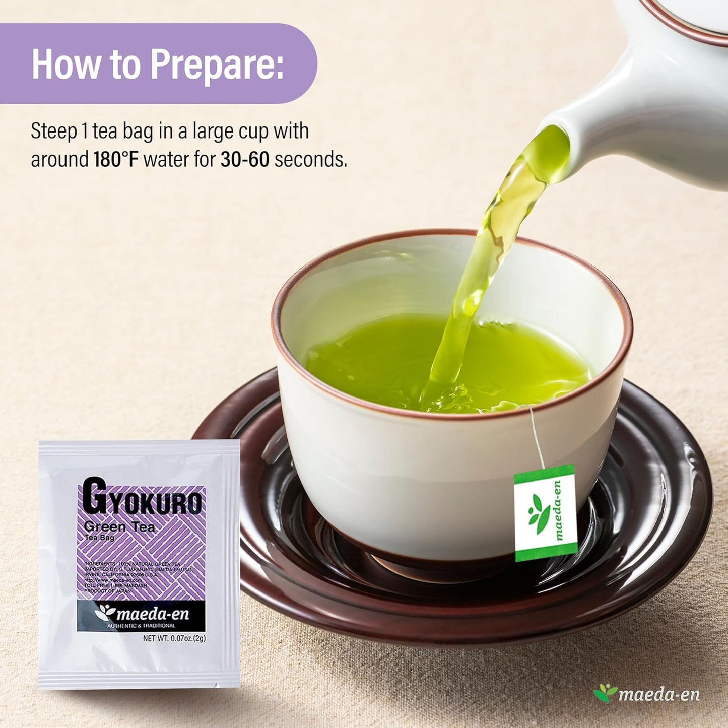 MAEDA-EN Premium Green Tea 10 Tea Bags Japanese Origin Green Tea Leaves Individually Wrapped Teabags (1pk, Gyokuro Green Tea)