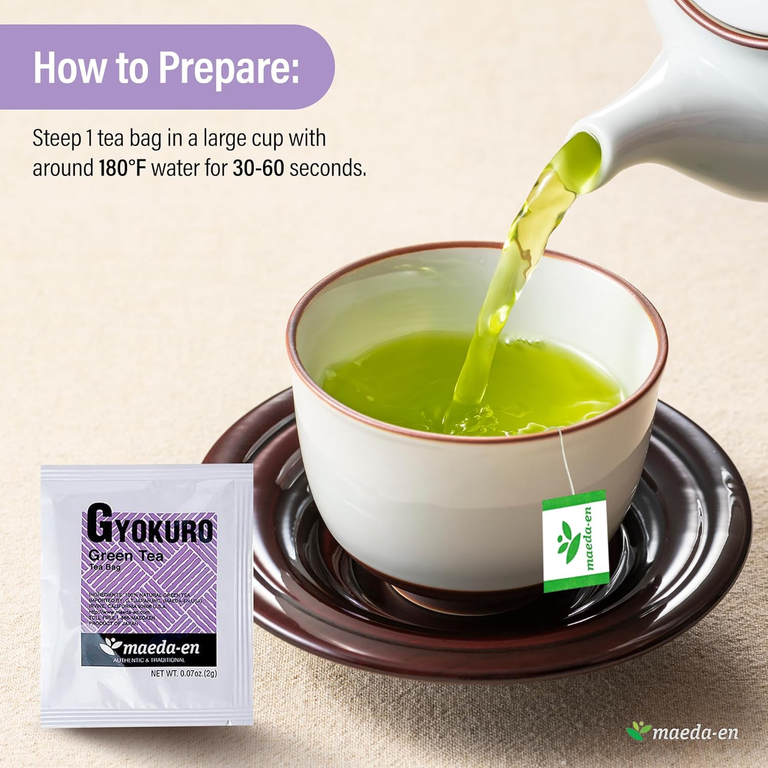 MAEDA-EN Premium Green Tea 10 Tea Bags Japanese Origin Green Tea Leaves Individually Wrapped Teabags (1pk, Gyokuro Green Tea)