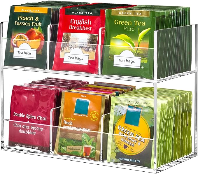 Beygorm Acrylic Tea Bag Organizer for Tea Packets, No Assembly Required Display Holder for Countertop, Vertical Tea Bag Caddy for Cabinet