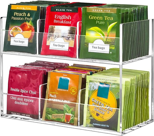 Beygorm Acrylic Tea Bag Organizer for Tea Packets, No Assembly Required Display Holder for Countertop, Vertical Tea Bag Caddy for Cabinet