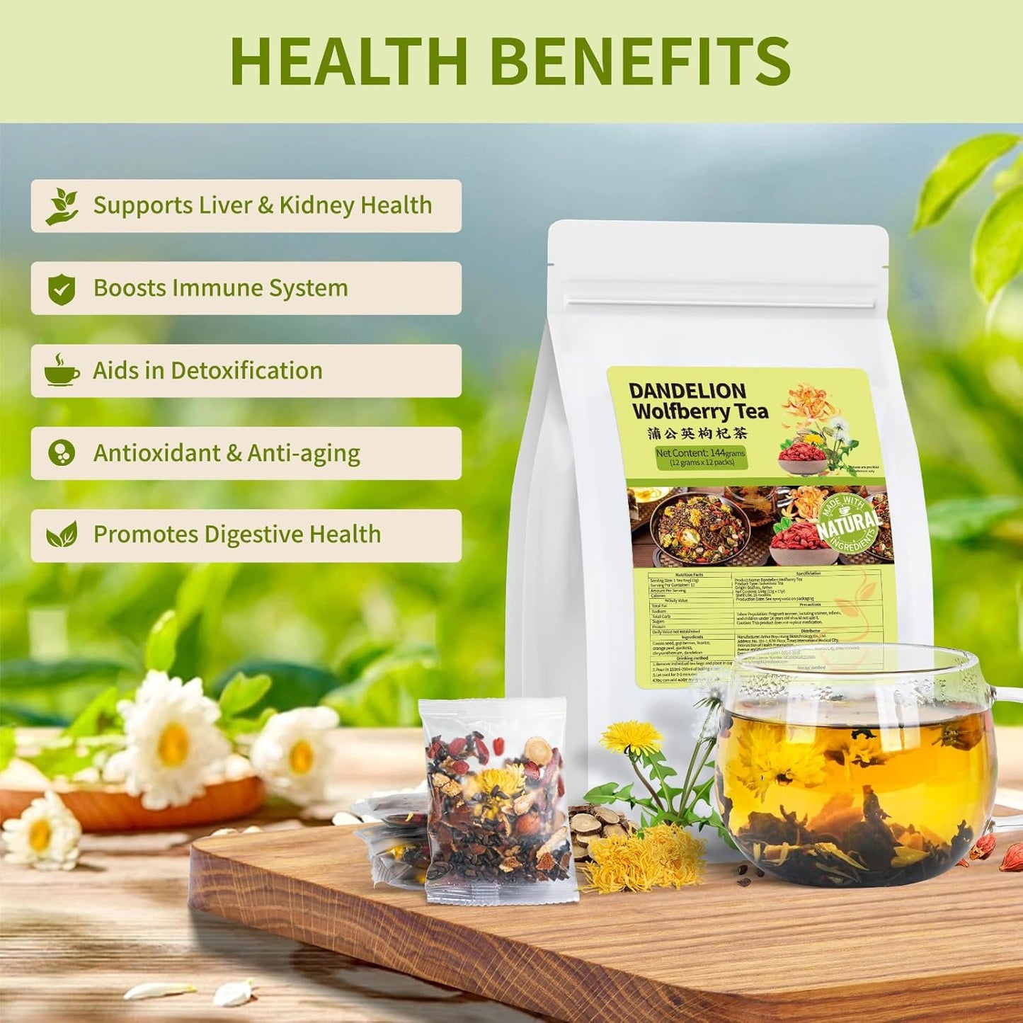 Dandelion Wolfberry Tea Natural Dandelion Herbal Tea Kidney &amp; Liver Health | 7 Natural Formula Herbal Tea Bags, Caffeine Free, No Additives, (3 Pack/36 Bags)