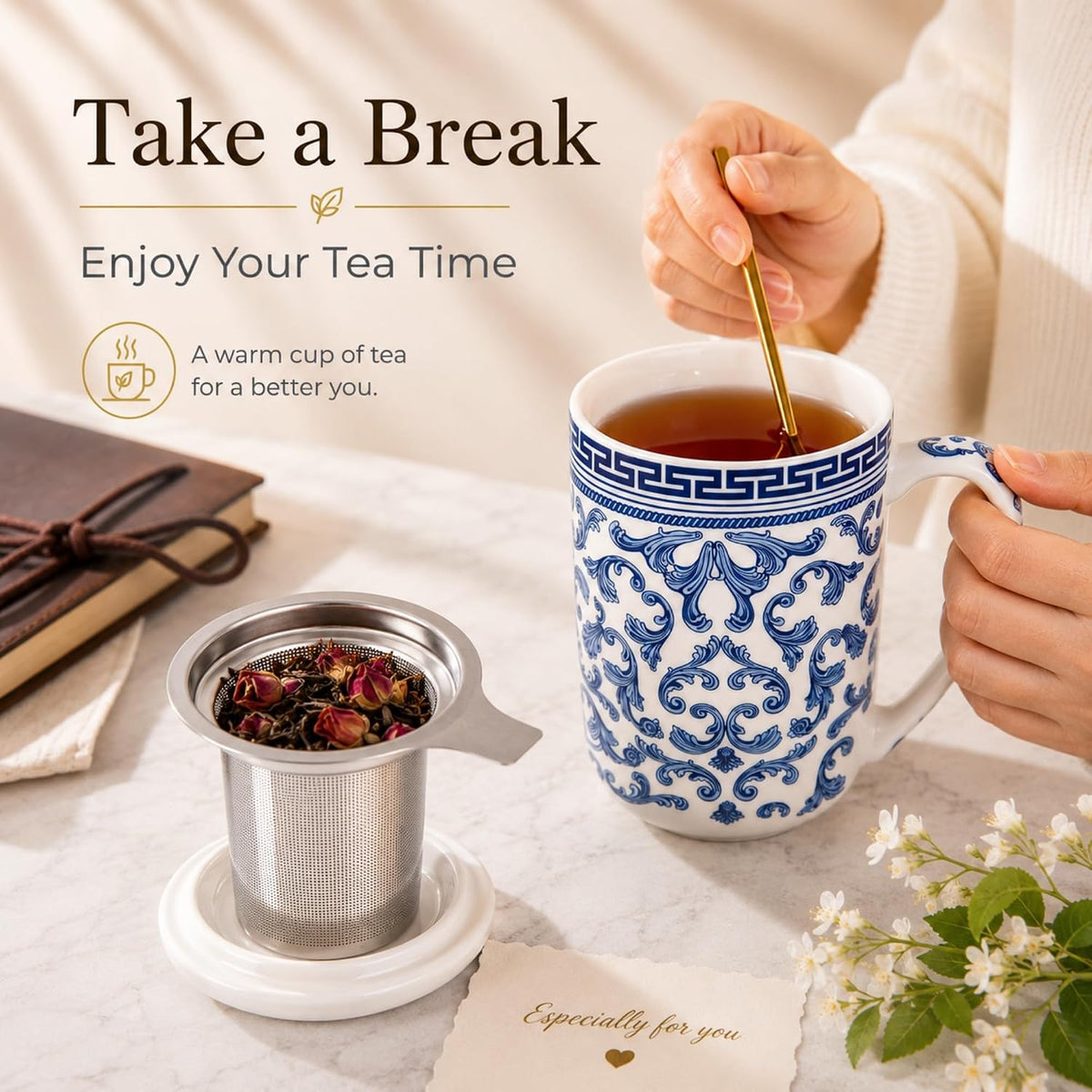 AmorArc Tea Cup With Infuser and Lid, 18oz Loose Leaf Tea Mug With Steeper