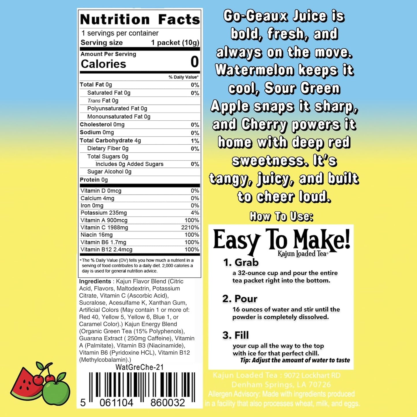 Kajun Loaded Tea – Go-Geaux Juice | Watermelon + Cherry + Sour Green Apple Flavor | Sugar Free Energy Tea Powder | 250mg Green Tea Caffeine | Zero Calories | Keto Friendly