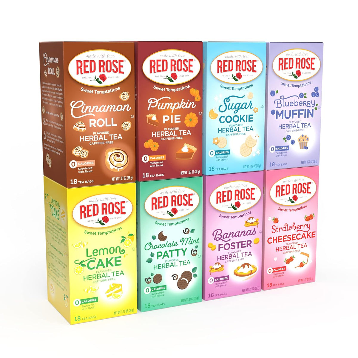 Red Rose Sweet Temptations Dessert Tea Variety Pack, Zero Sugar, Caffeine-Free Flavored Delicious Beverage Herbal Tea, 18 Count Pack of 8 Fruit Naturally Flavored Black Tea